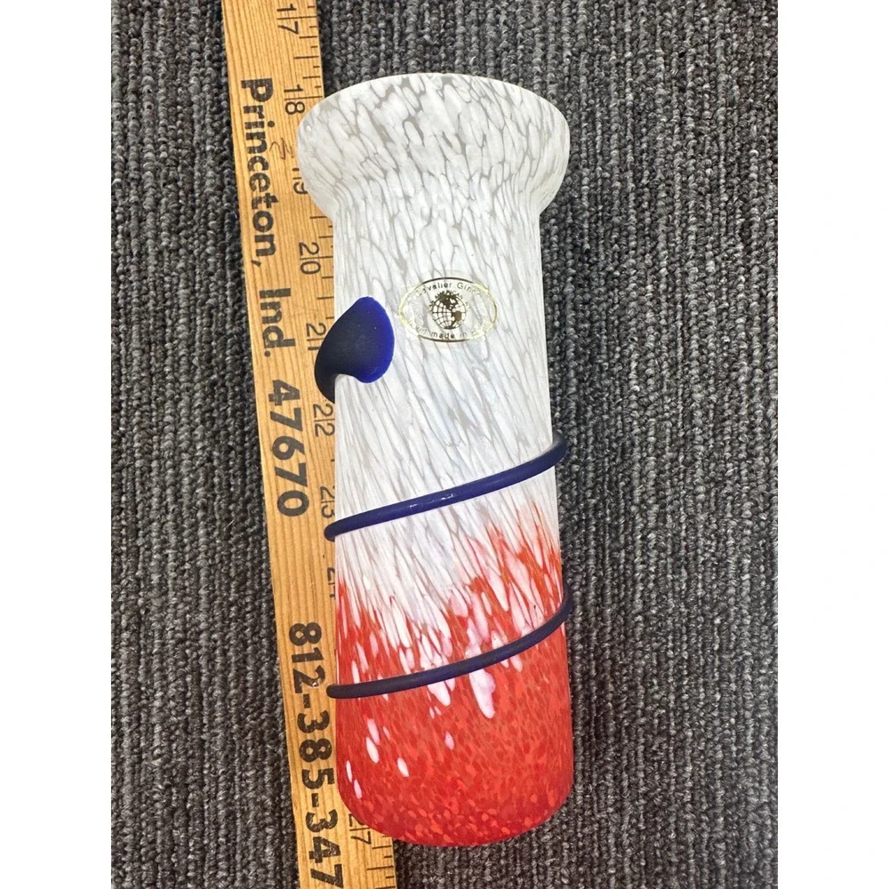 Cavalier Glass Art Vase Red White Frosted Hand Blown Blue Spiral Wrap 8.5 inch